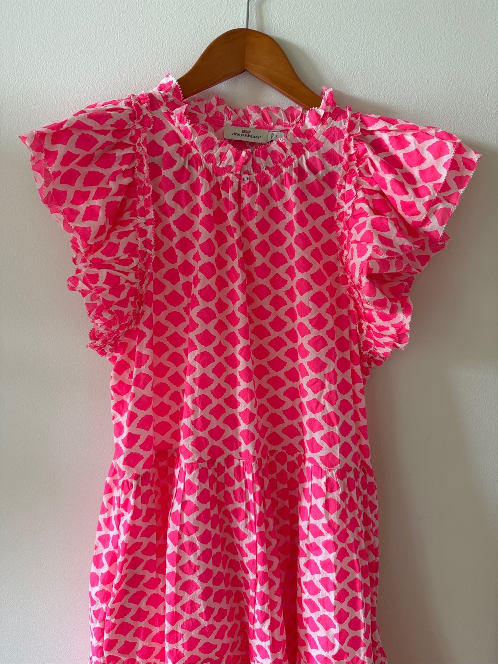 Vineyard Vines Neon Pink Patterned Ruffle Sleeve Dress Preppy Garden Party